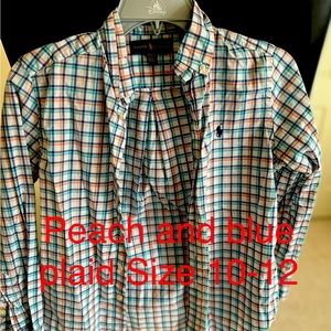 Blue, white and peach plaid shirt. Polo boys size 10-12